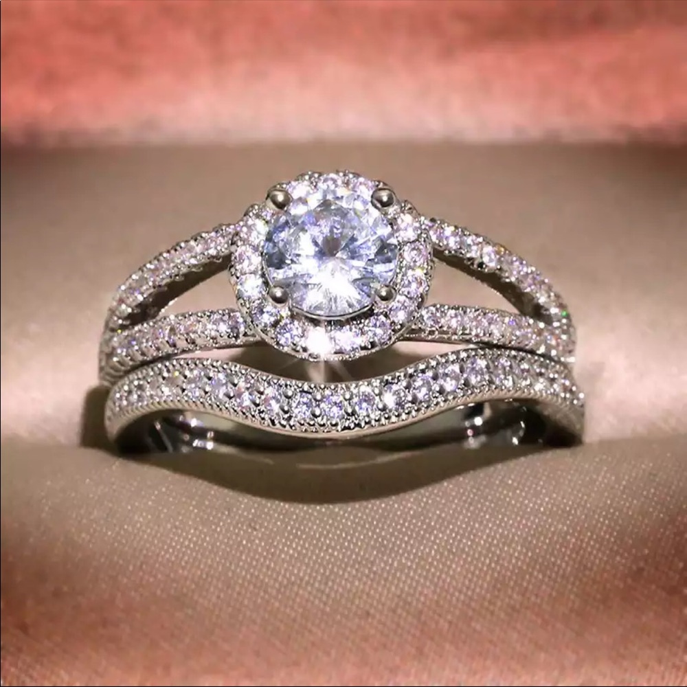 New 925 Silver 2Pcs/set Exquisite Crystal Zircon for Women Wedding Ring - Picture 3 of 5